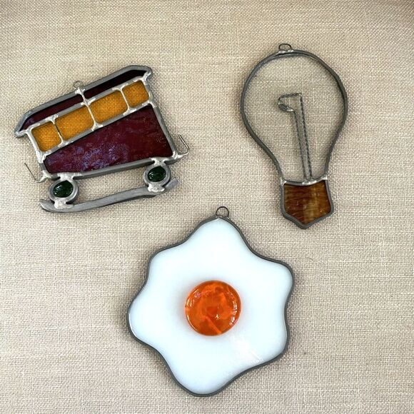 Handmade Other - 3 Handmade Leaded Glass Sun Catchers Lightbulb Sunny Side Up Egg Trolly Train